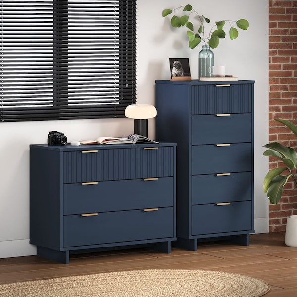Manhattan Comfort Granville Midnight Blue 5-Drawer Tall Dresser and 3-Drawer Standard Dresser, Set of 2 GRAN014 - main